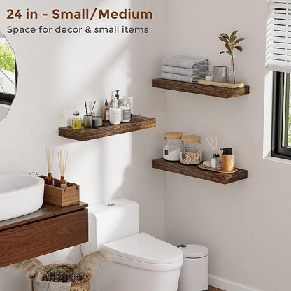 Heimlove 16 Inch Floating Shelves for Wall Rustic Brown Shelves Set of 2,Wall Mounted Rustic Wood 8 Inch Deep Floating Shelf with Invisible Brackets for Bedroom Kitchen Living Room