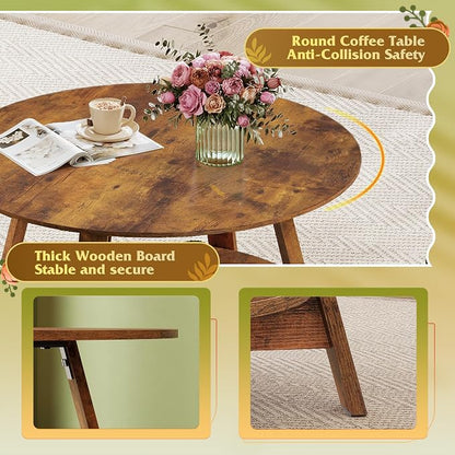 WLIVE Round Coffee Table, 2-Tier Wood Coffee Table with Storage Shelf, Tapered Legs, Circle Wood Small Center Table for Living Room, Apartment, Easy Assembly, Rustic Brown