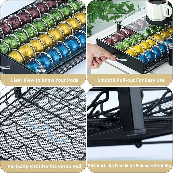 FlagShip Vertuo Pod Holder with Tempered Glass Top,Compatible for Nespresso VertuoLine Pods,Holds up to 40 Big Vertuo Pods,Smooth Pull-Out Design,Fits Under Coffee Makers (12.1''W x 16''D x 3.6''H)