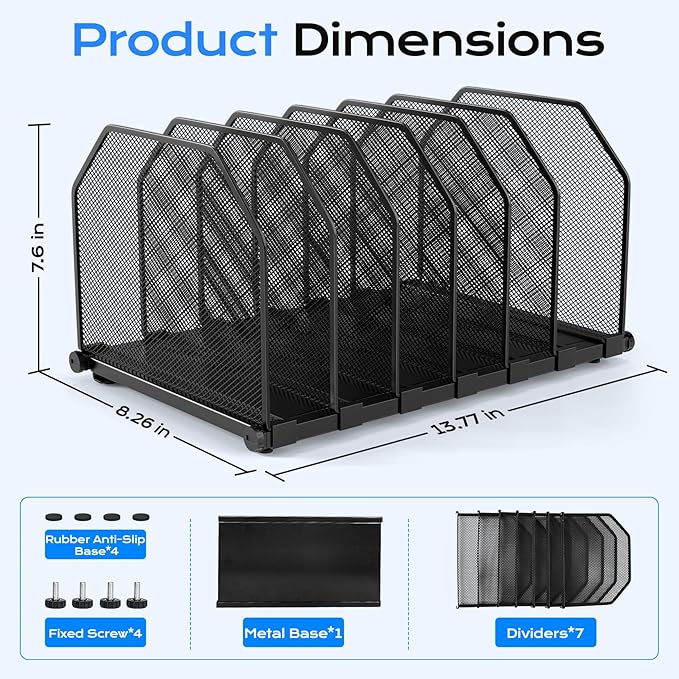 Adjustable File Organizer for Desk, 6 Sections Vertical File Folder Holders Desktop Binder Organizer, Mesh Desk Organizer File Sorter for Home Office Classroom