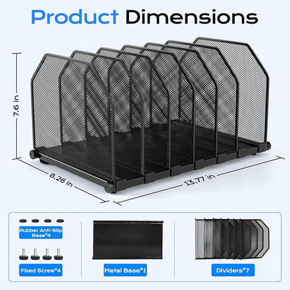 Adjustable File Organizer for Desk, 6 Sections Vertical File Folder Holders Desktop Binder Organizer, Mesh Desk Organizer File Sorter for Home Office Classroom