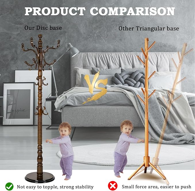 Coat Racks FreeStanding with 14 Hooks, Natural Wood Coat Rack with Solid Round Base, Adjustable Height Coat Racks, Easy Assembly for Hallway, Bedroom and Office (Antique)