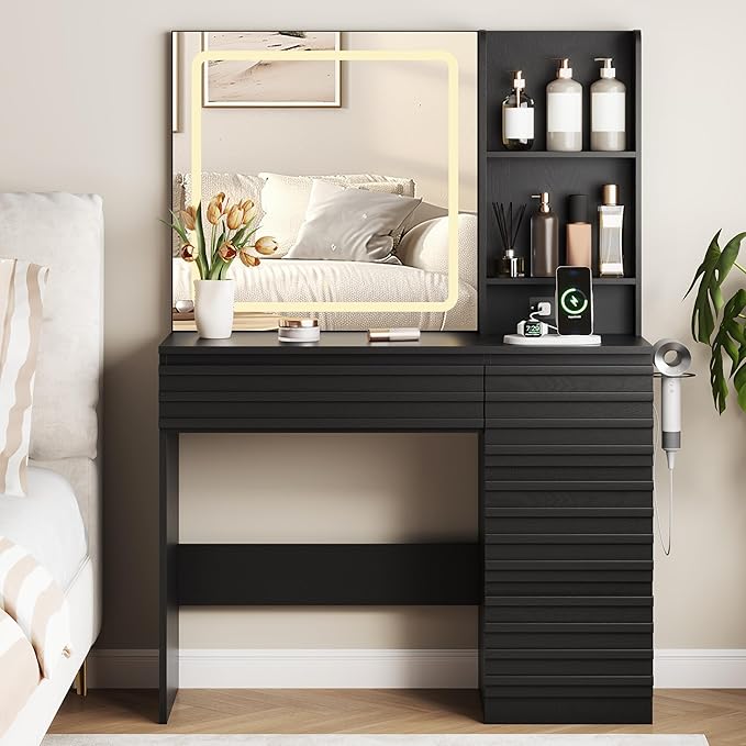 Makeup Vanity Desk with Lights, Fluted Vanity with 4 Drawers, Open Shelves, Power Outlet, LED Lighted Mirror, 3 Lighting Modes & Brightness Adjustable, Wood Dressing Table for Bedroom, Black