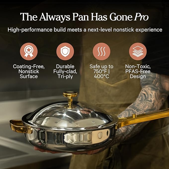 Our Place Titanium Always Pan Pro | 10.6" PFAS-Free Nonstick Frying Pan with Spatula | Chef-Grade Tri-Ply Stainless Steel & Aluminum Build | Induction & Oven-Safe up to 750°F | Gold