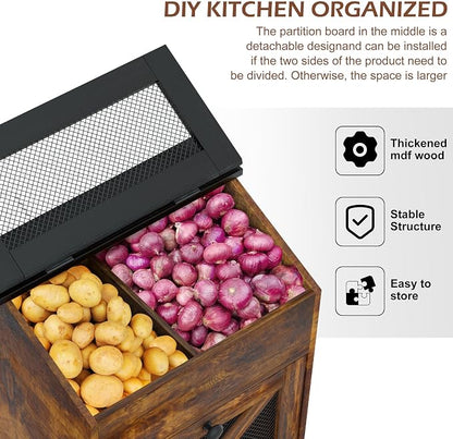 Wooden Potato and Onion Storage Bin w/Lid, Large Capacity and Ventilated Design, Ideal for Pantry, Kitchen Brown