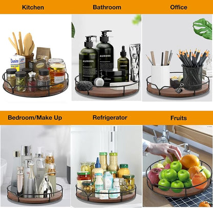 Lazy Susan Turntable Organizer with Anti-Slip Mat for Cabinet Pantry Kitchen Countertop Refrigerator Office, Pine Wood, 10", Brown