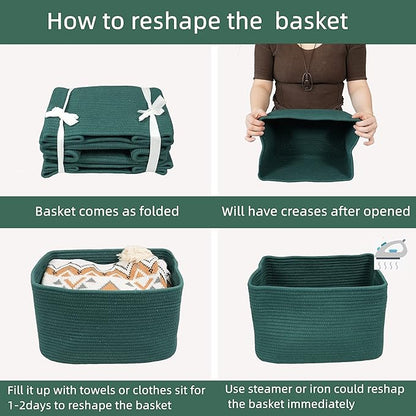 Cotton Rope storage Basket Bins15X10X9.3“ Basket for Organizing Shelves Rectangle Decorative Baskets For storage Clothes Toys Books Towels Square Wicker Nursery basket organizer 3 pack Dark green