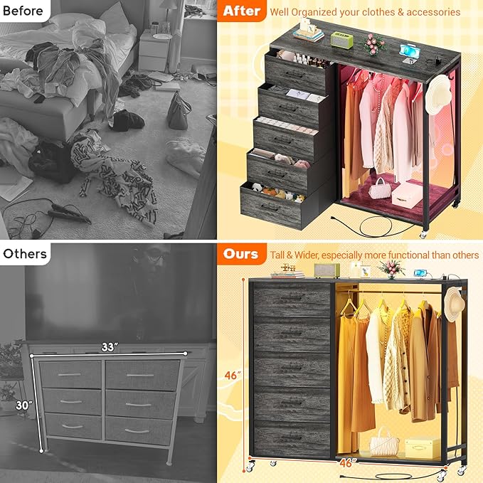 Cyclysio Dresser with Hanging Rack, 5 Fabric Drawers Dresser with Clothes Rack, Wooden Top Storage Chest of Drawers with Charging Station & LED Lights, Lockable Wheels, Closet
