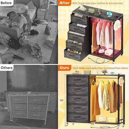 Cyclysio Dresser with Hanging Rack, 5 Fabric Drawers Dresser with Clothes Rack, Wooden Top Storage Chest of Drawers with Charging Station & LED Lights, Lockable Wheels, Closet