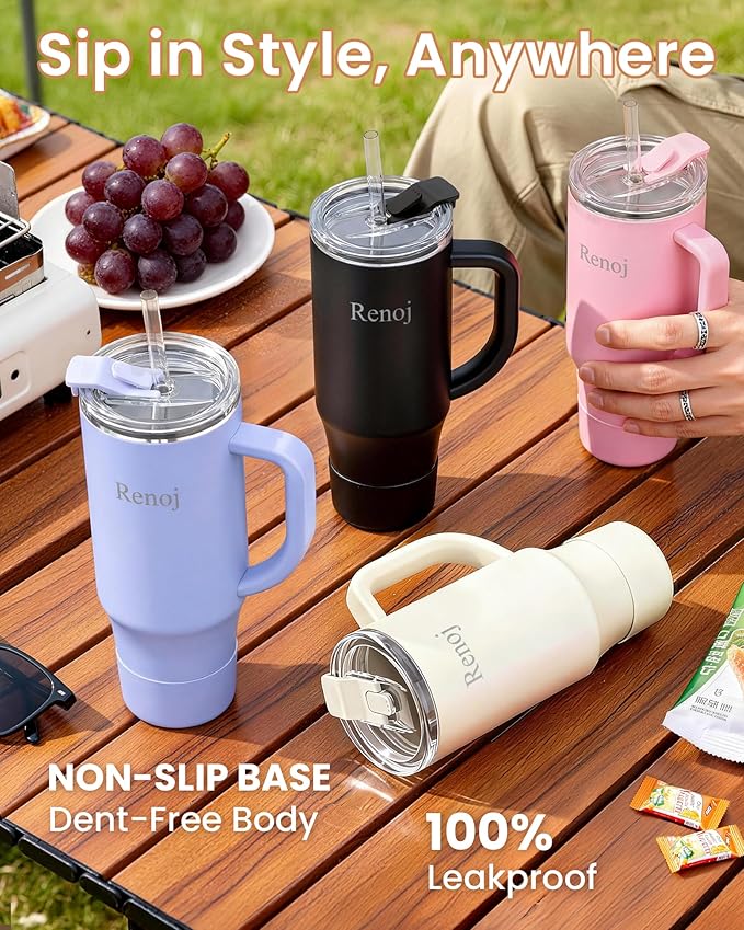 Renoj Tumbler with Handle 100% Leak Proof Insulated Water Bottle for Iced Coffee & Hot Drinks - Fits Car Cup Holder, Ideal Gift, 2 Straws & Silicone Boot BPA-Free - SnapShift White 40 oz