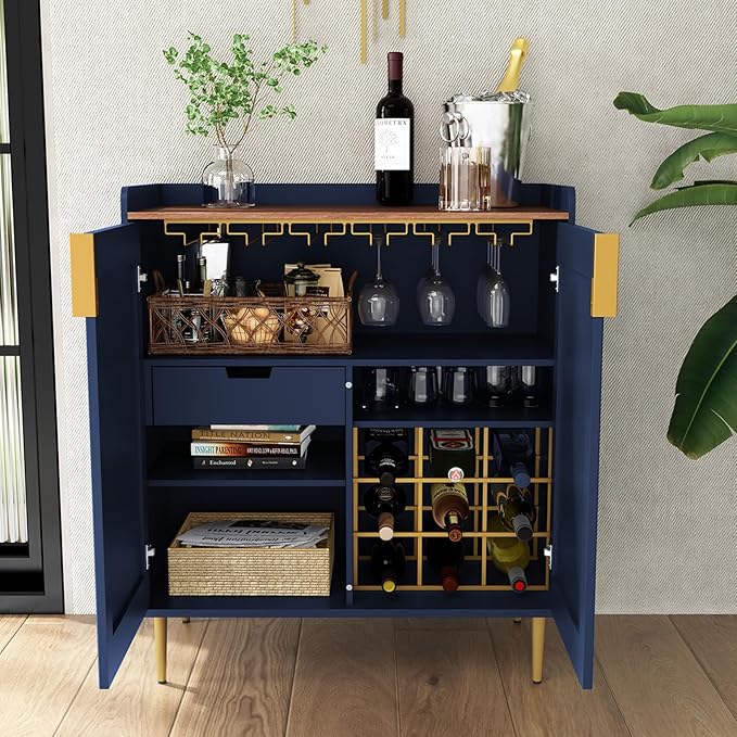 ARTPOWER Sideboard Buffet Cabinet with Fluted Texture, Modern Coffee Bar Cabinet with Wine Rack&Drawers, Blue Liquor Cabinet for Kitchen Dining Room, Living Room