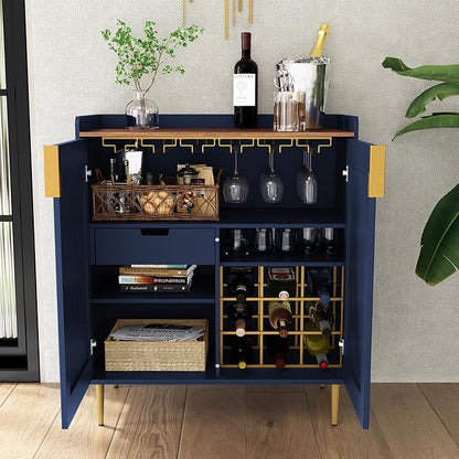 ARTPOWER Sideboard Buffet Cabinet with Fluted Texture, Modern Coffee Bar Cabinet with Wine Rack&Drawers, Blue Liquor Cabinet for Kitchen Dining Room, Living Room