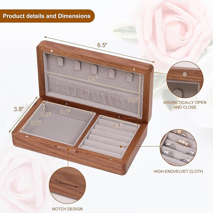 Small wooden, portable travel jewelry, Vintage Walnut Wood Jewelry Case，watch storage box, necklace, ring, earring storage gift box, vintage exquisite walnut jewelry box