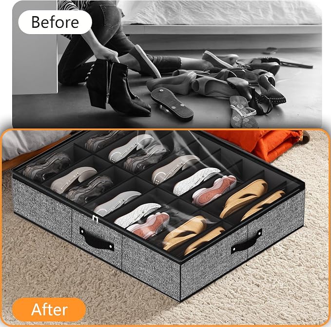 homyfort 32 Pairs Shoe Organizer Under Bed, Underbed Shoe Storage Boxes Bins, Organizador De Zapatos, Extra Large Zapateras Organizer, Black, Set of 2