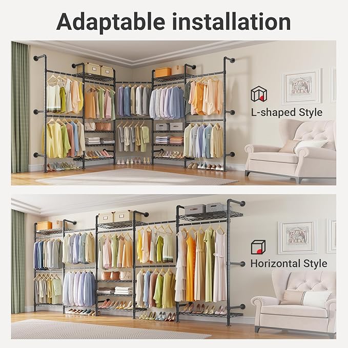 Timate L Shape Closet Rack Wall Mount for Corner, Heavy Duty Hanging Garment Rack Clothing Rack with 8 Adjustable Shelves & 4 Hanger Rods, Closet System for Hanging Clothes, Black