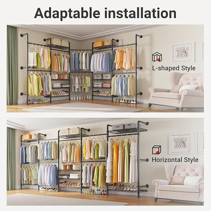 Timate L Shape Closet Rack Wall Mount for Corner, Heavy Duty Hanging Garment Rack Clothing Rack with 8 Adjustable Shelves & 4 Hanger Rods, Closet System for Hanging Clothes, Black