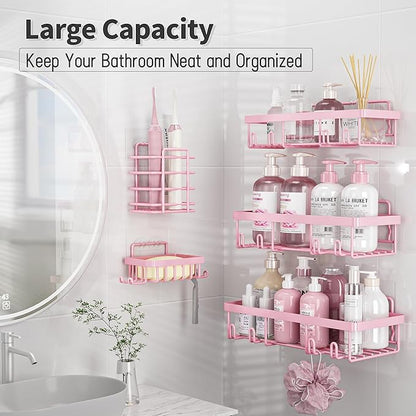 Liuoud 10 Pack Shower Caddy Organizer Rack Shelf for Inside Shower, Self Adhesive Wall Storage Basket Rustproof Stainless Steel Shampoo Holder Bathroom Accessory Decor Set, Pink
