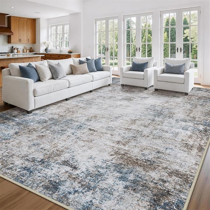 10x14 Area Rugs for Living Room Rug Washable: Abstract Large Rug Indoor Modern Carpet Non Slip for Dining Room Bedroom Nursery Home Office White Brown Blue