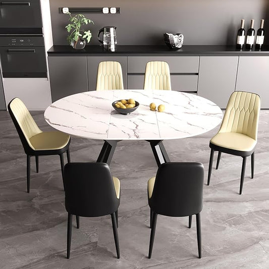 Extendable Round Dining Table Set for 6, 7 piece Dining Table Set with 47-63" Extendable Table and 6 Upholstered Chairs, Modern Sturdy MDF Kitchen Table Set for Small Spaces, Dining Room and Office