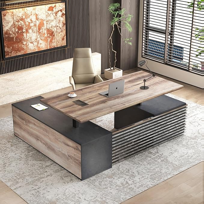 SAINTCY 70.87In L Shaped Executive Standing Desk with Drawers, Large Modern Adjustable Heigh Home Office Desk w/Universal Charging Ports, Business Workstation, Black and Warm Oak