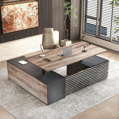 SAINTCY 70.87In L Shaped Executive Standing Desk with Drawers, Large Modern Adjustable Heigh Home Office Desk w/Universal Charging Ports, Business Workstation, Black and Warm Oak