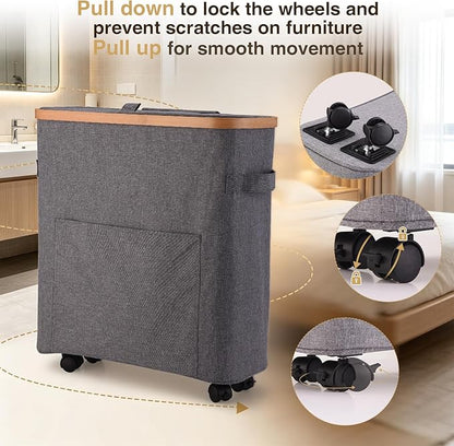 Toilet Paper Storage Organizer with Lid and Wheels, 33L Slim Bathroom Hamper - Holds 16 Rolls, Mobile Laundry Basket for Bathroom, Bedroom, Dorm, Foldable & Waterproof (Grey)