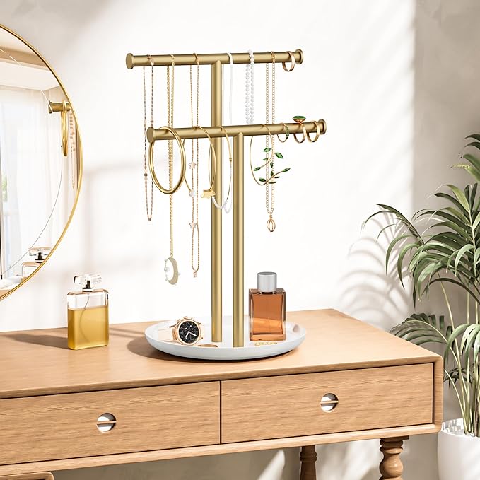 Gold Necklace Rack Stand with Storage Tray - 2 Rods T-Shaped Jewelry Holder Stand for Bracelets, Earrings, Rings | Elegant Vanity & Dresser Top Storage for Women.
