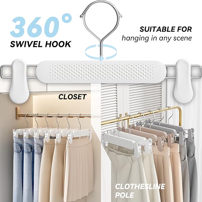 Plastic Skirt Pant Hangers with Clips for Women, Kids, Baby, Children, Toddler, Frosted Embossing Shorts Hanger Space-Saving with 360° Swivel Hook (15pcs White)