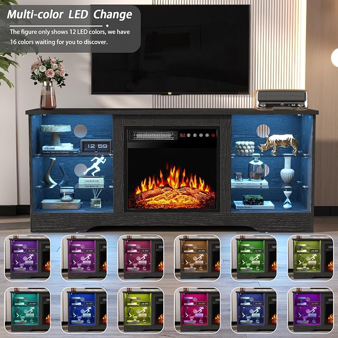 PRETZI Fireplace TV Stand with 18" Fireplace Up to 65" TVs, 58" Entertainment Center with LED Lights, TV Media Console with Adjustable Glass Shelves and Storage Cabinets for Living Room, Black