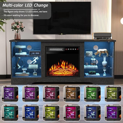 PRETZI Fireplace TV Stand with 18" Fireplace Up to 65" TVs, 58" Entertainment Center with LED Lights, TV Media Console with Adjustable Glass Shelves and Storage Cabinets for Living Room, Black