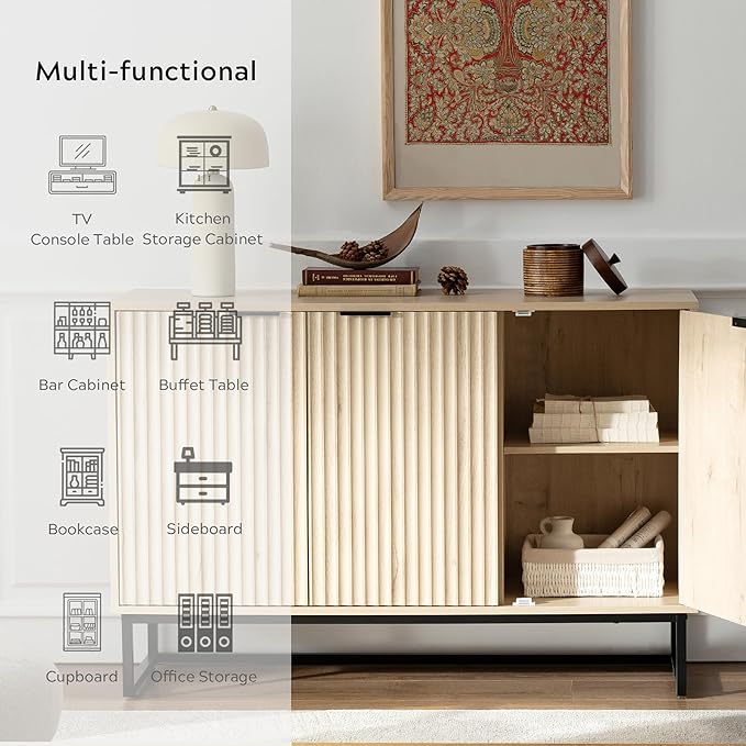 Fluted Storage Cabinet with 3 Doors, Sideboard Buffet Cabinets Adjustable Shelves, Credenza Console Table Cabinets for Living Room, Light Oak