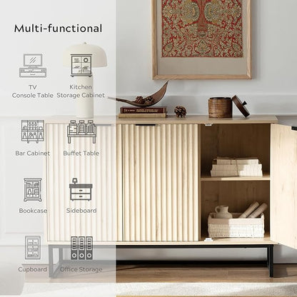 Fluted Storage Cabinet with 3 Doors, Sideboard Buffet Cabinets Adjustable Shelves, Credenza Console Table Cabinets for Living Room, Light Oak