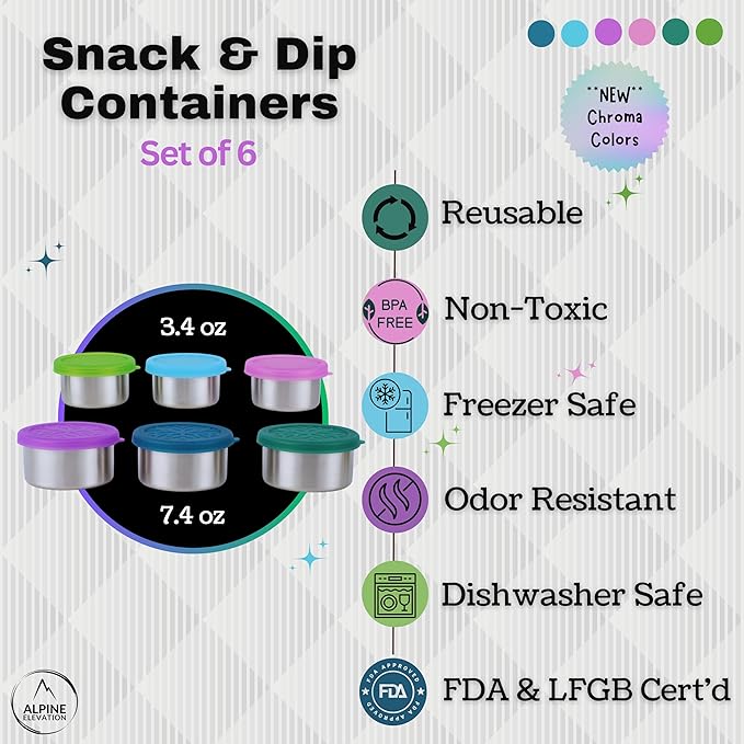Alpine Elevation 12-Piece Stainless Steel Snack Dip Condiment Containers Set | 3 x 7.4 oz and 3 x 3.4 oz with Silicone Lids | Reusable Leakproof Food Storage Containers for Lunch Meal Prep and Travel