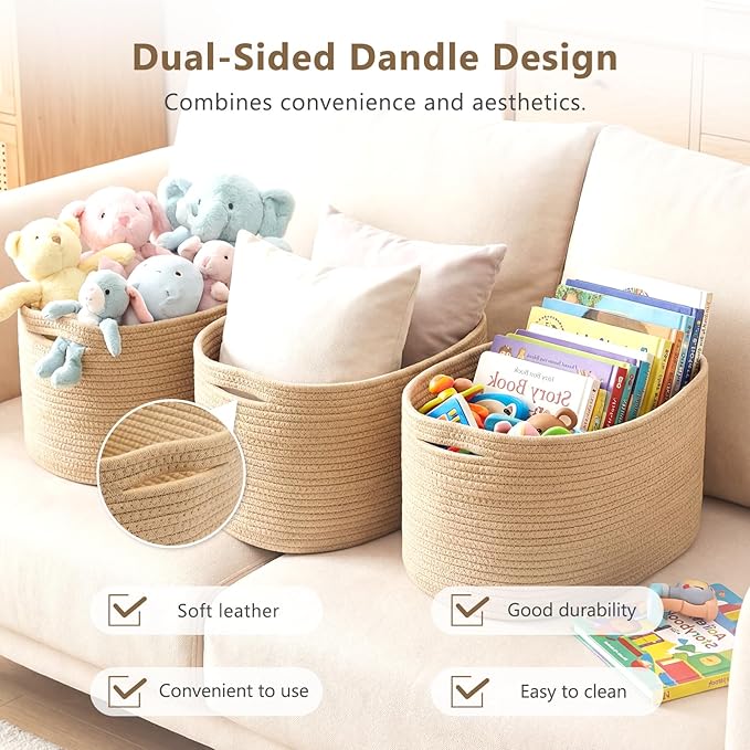Cotton Rope Storage Basket, 15x10x9 Inches, Woven Basket for Shelves, Clothes, Towels, Books, and Laundry, Jute Brown (3 Pack)