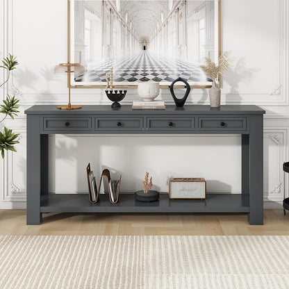Knocbel Console Table Hallway Sofa Entryway Side Table 63" Long Furniture with 4 Drawers and Bottom Shelf for Living Room Home Decor, Tan