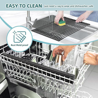 Ohuhu Over The Sink Dish Drying Rack, 20.5" W x 13.1" L Rolling Dish Drainer Foldable Sink Accessories Heat-Resistant Mat Anti-Slip Silicone Coated Dish Racks for Kitchen Counter