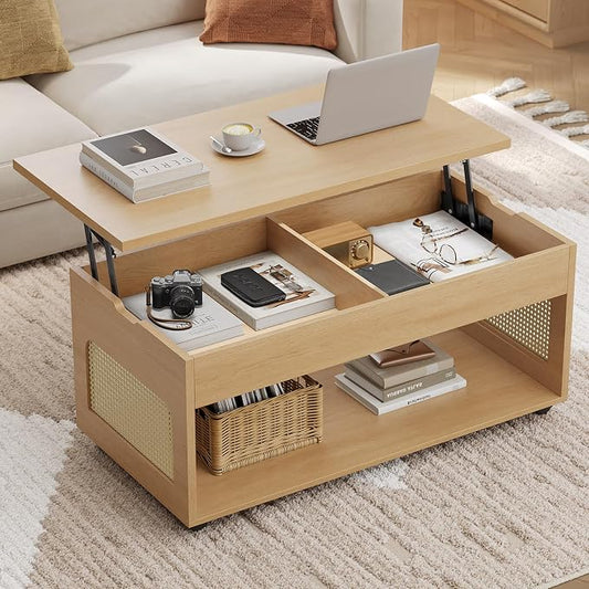 Sikaic Lift Top Coffee Table with Storage, Boho Rattan Convertible Coffee Tables with Lockable Wheels, Hidden Compartment and Open Shelf, Center Table for Living Room, Bedroom, Dining Room, Natural