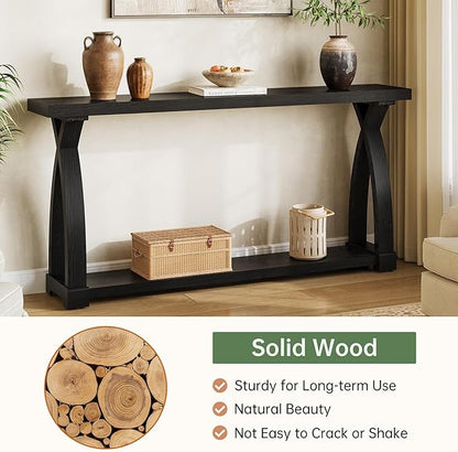 Solid Wood Console Table for Entryway, 63-Inch Narrow Farmhouse Couch Table Behind Sofa with 2-Tier Storage for Entrance, Foyer, Living Room, Long, Black (Black)