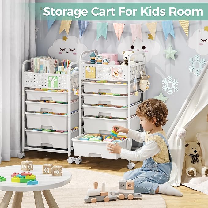 5 Drawer Rolling Storage Cart with Pegboard Top and Hooks, Mobile Utility Organizer with Wheels for Office Supplies, Craft Storage, Classroom Organization, Home Storage Cart, Green