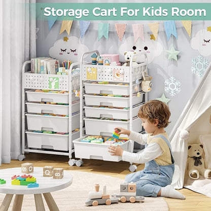 5 Drawer Rolling Storage Cart with Pegboard Top and Hooks, Mobile Utility Organizer with Wheels for Office Supplies, Craft Storage, Classroom Organization, Home Storage Cart, Green