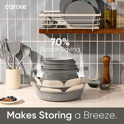 CAROTE 27pcs Ceramic Cookware Set Nonstick, Pots and Pans Set Non Stick, Non Toxic Cookware Detachable Handles, Dishwasher/Oven Safe, RV/Camping Cookware, Pan and Pot with Kitchen Utensils, Dark Gray