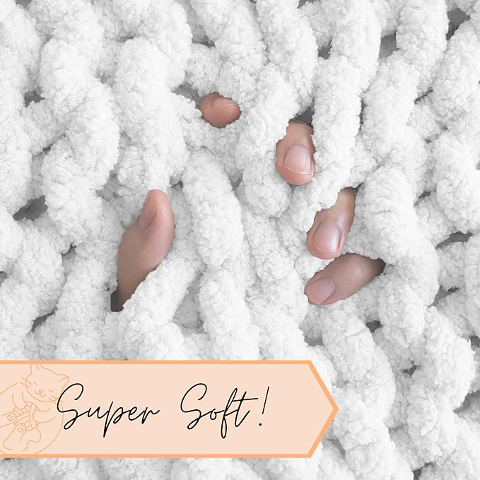 Adyrescia Chunky Knit Blanket Throw | 100% Hand Knit with Jumbo Chenille Yarn (40"x50", Bright White)