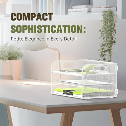 DALTACK 3 Tier Paper Organizer with Handle, Mesh Metal Desk Organizer with Sliding Paper Trays for Letter/A4 Paper, Mail, Bills & Folders, White