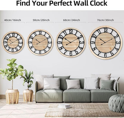 Maxstar 20'' Wall Clock for Living Room Decor, Ultra-Silent Rustic Wooden Farmhouse Wall Clock with Metal & Real Wood Frame, Battery Operated, for Kitchen Bedroom Office, Arabic Numerals
