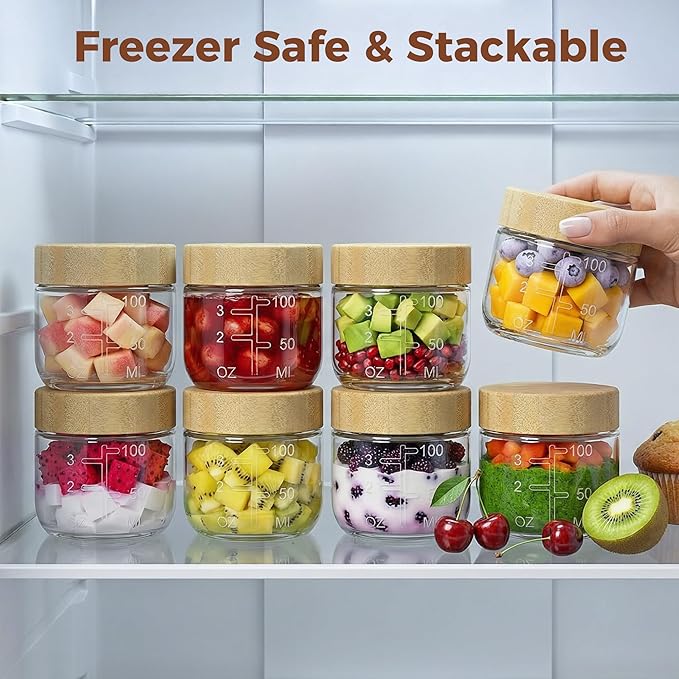 HomArtist 4oz Glass Salad Dressing Containers with Bamboo Lids - 6 Pack Small Airtight Condiment Cups, Leakproof Mini Sauce Jars for Picnic, Ketchup, Dip & Snacks, BPA-Free & Dishwasher Safe