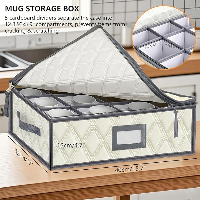 Mug and Cup Storage Box with Dividers - 1 Pack China Storage Bin Containers Holds 12 Glassware, Stackable Coffee Mug Organizer Bin and Tea Cup with 2 Metal Zipper,Label and Handles