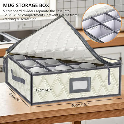Mug and Cup Storage Box with Dividers - 1 Pack China Storage Bin Containers Holds 12 Glassware, Stackable Coffee Mug Organizer Bin and Tea Cup with 2 Metal Zipper,Label and Handles