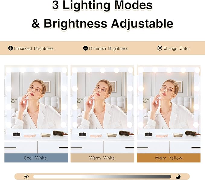 KAMABOKO Vanity Desk with Mirror, LED Lights and Power Outlet, Makeup Vanity Table with Glass Display Cabinet and 4 Drawers, Dressing Table with Stools for Bedroom (010 White)