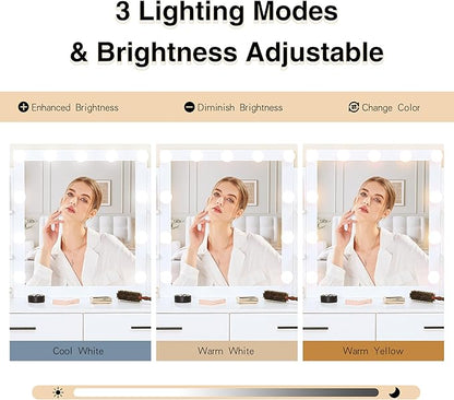KAMABOKO Vanity Desk with Mirror, LED Lights and Power Outlet, Makeup Vanity Table with Glass Display Cabinet and 4 Drawers, Dressing Table with Stools for Bedroom (010 White)