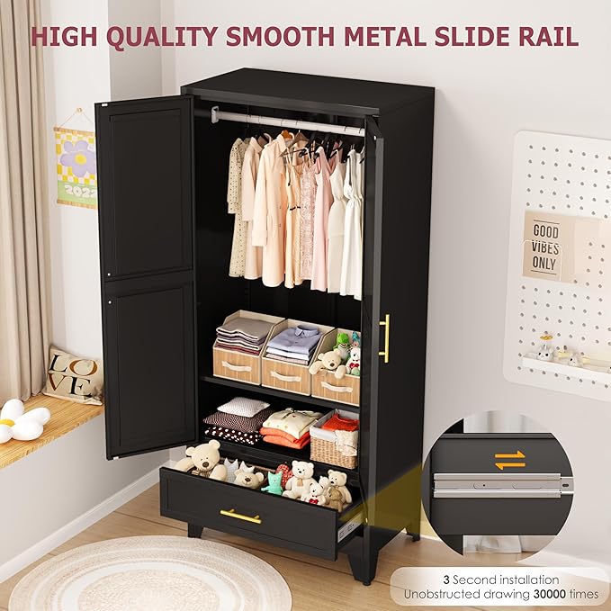 Steel Armoire Wardrobe Closet, 71" Household Wardrobe Cabinet with 2 Doors, 1 Adjustable Shelf and 1 Drawers, Metal Clothing Storage Cabinet with Hanging Rod for Bedroom, Cloak Room,Gym(Black)